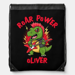 Punk Rock T-Rex Dinosaur Playing Electric Guitar Drawstring Bag