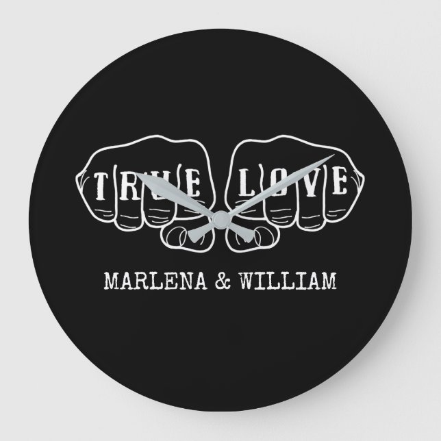 Punk Rock Tattoo Hands True Love 42nd Anniversary  Large Clock (Front)