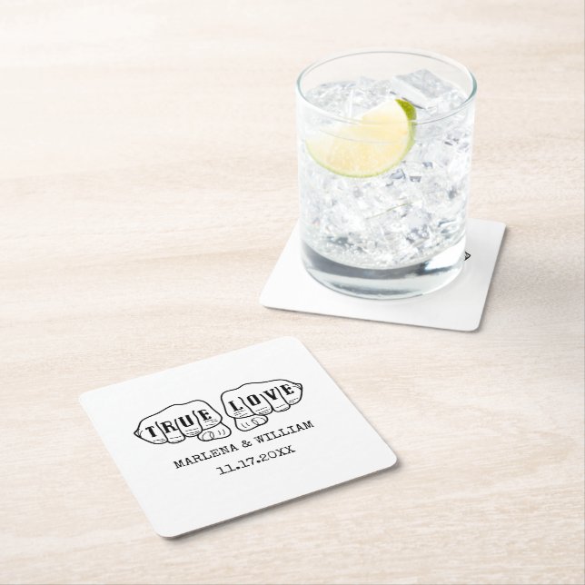 Punk Rock Tattoo Hands True Love Minimalist Square Square Paper Coaster (Insitu)