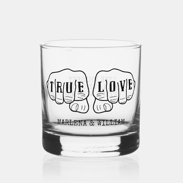 Punk Rock Tattoo Hands True Love Personalized Whiskey Glass (Front)