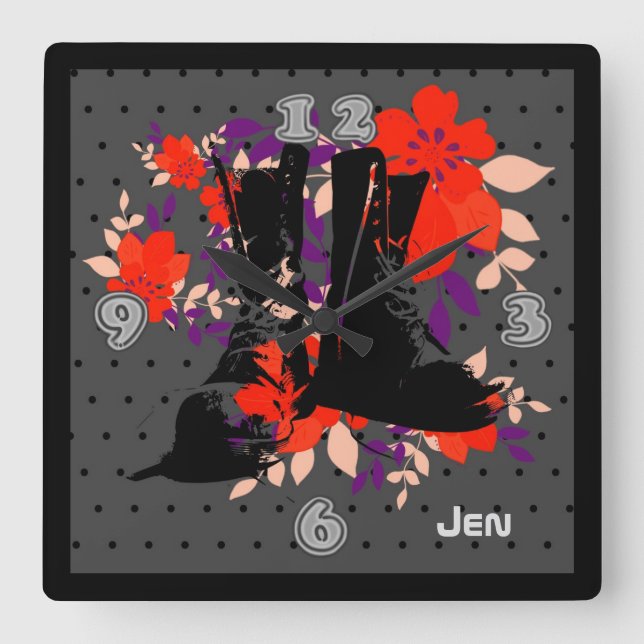 Punk Rocker Boots Personalized Square Wall Clock (Front)