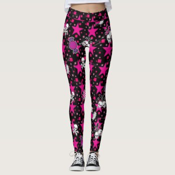 Punk Skulls And Candy Pattern On Pink Stars Leggings by KirstenStar at Zazzle