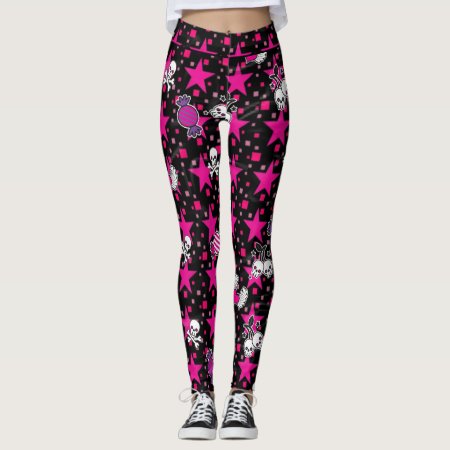 Punk Skulls And Candy Pattern On Pink Stars Leggings