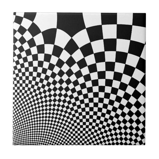 Punk warped retro checkerboard in black and white ceramic tile (Front)