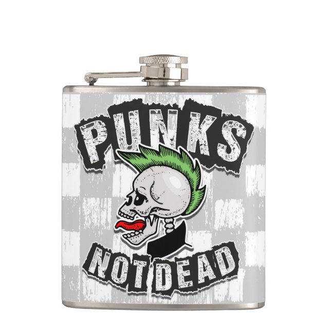 Punks Not Dead Skull Mohawk Punk Rock Rocker Flask (Front)