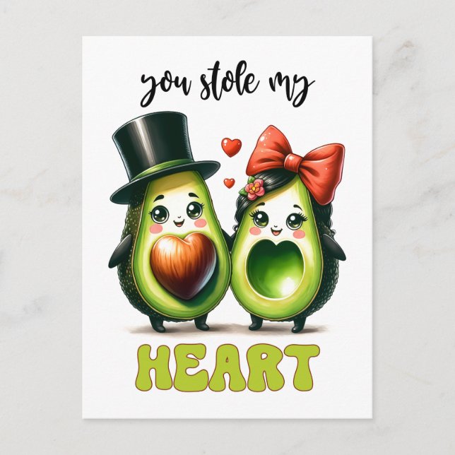 Punny avocado You Stole My Heart Valentine Postcard (Front)
