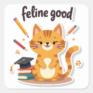 Punny 'Feline Good' Back To School Cat  Square Sticker