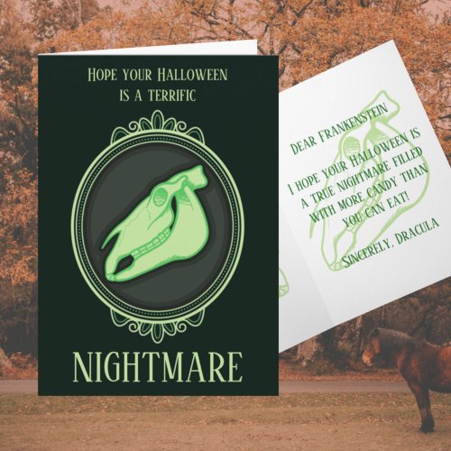 Punny Green Halloween Nightmare Horse Skull        Card