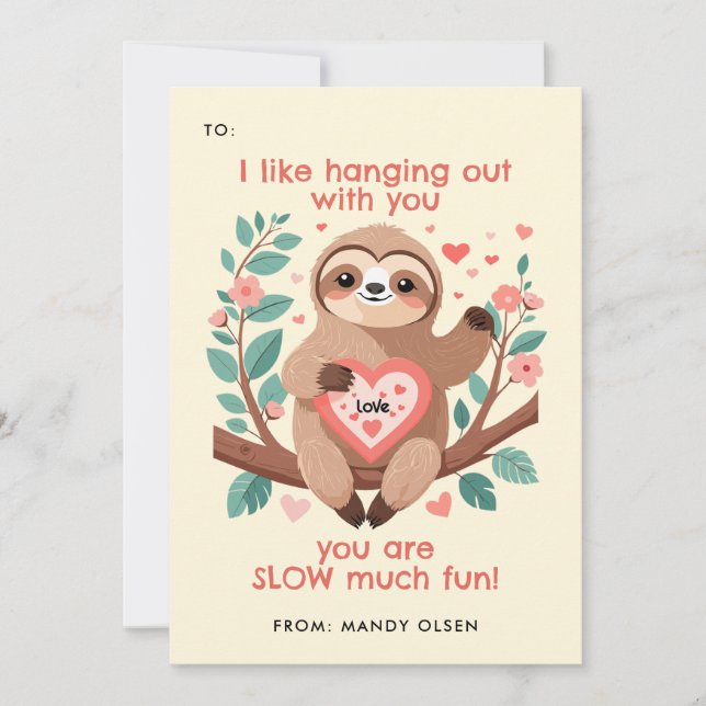 Punny Sloth Classroom Valentine's Exchange Holiday Card (Front)
