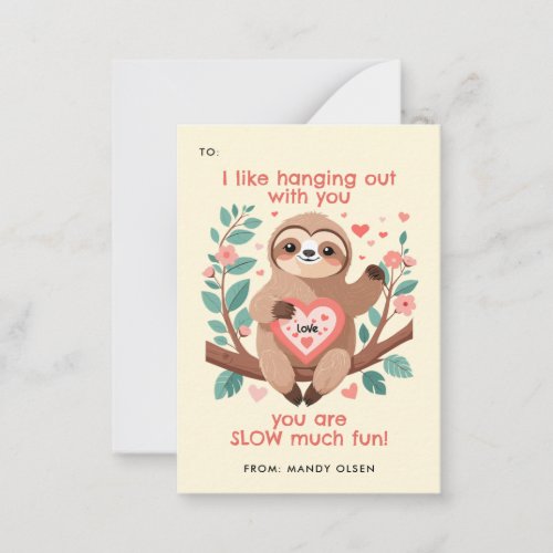Punny Sloth Classroom Valentines Exchange Note Card