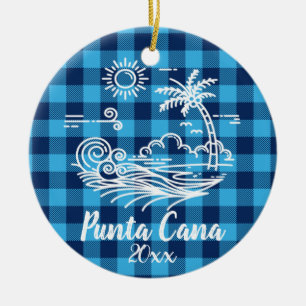 Punta Cana Blue Buffalo Check Christmas Ceramic Ornament