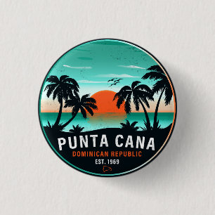 Punta Cana Dominican Palm Tree Retro Sunset 60s Button