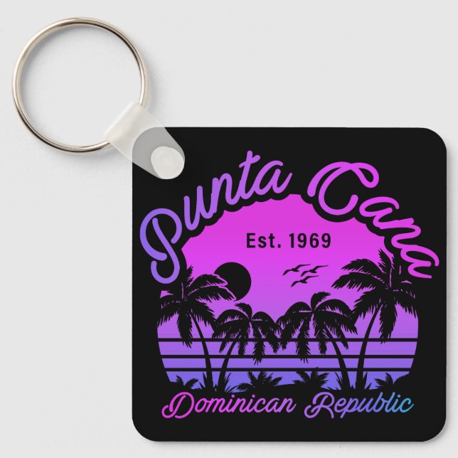 Punta Cana Dominican Palm Tree Retro Sunset 80s Keychain (Front)