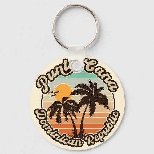 Punta Cana Dominican Palm Tree Retro Sunset 80s Keychain