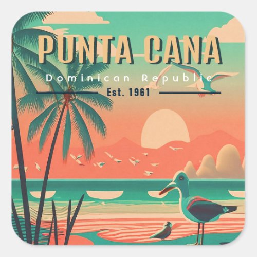 Punta Cana DR Retro Seagull Souvenir 1950s Square Sticker