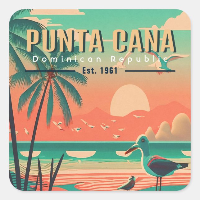 Punta Cana DR Retro Seagull Souvenir 1950s Square Sticker (Front)