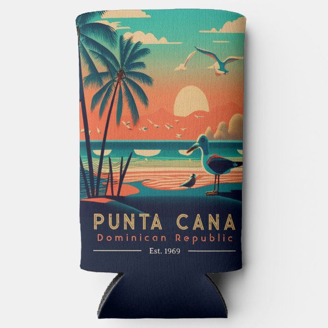Punta Cana DR Retro Sunset Souvenirs 1960s Seltzer Can Cooler (Front)