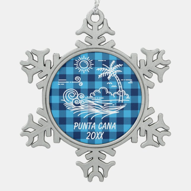 Punta Cana on Blue Buffalo Check Christmas Snowflake Pewter Christmas Ornament (Front)