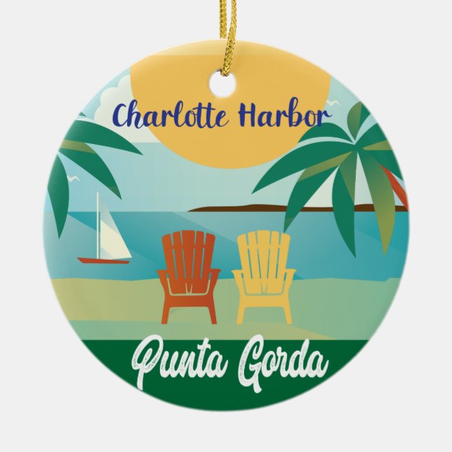 Punta Gorda, Charlotte Harbor Florida Illustration Ceramic Ornament (Front)