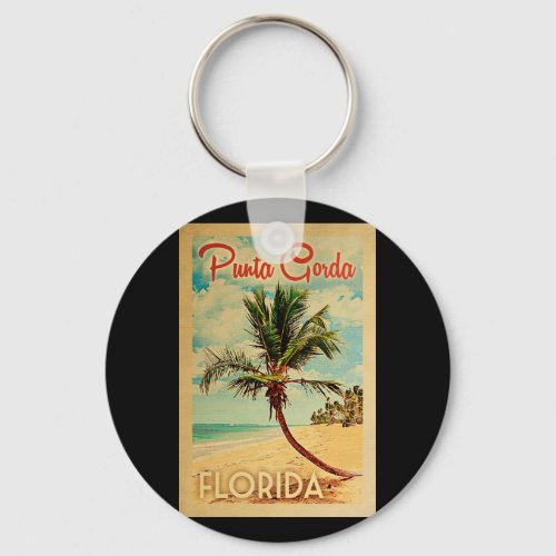 Punta Gorda Florida Palm Tree Beach Vintage Travel Keychain