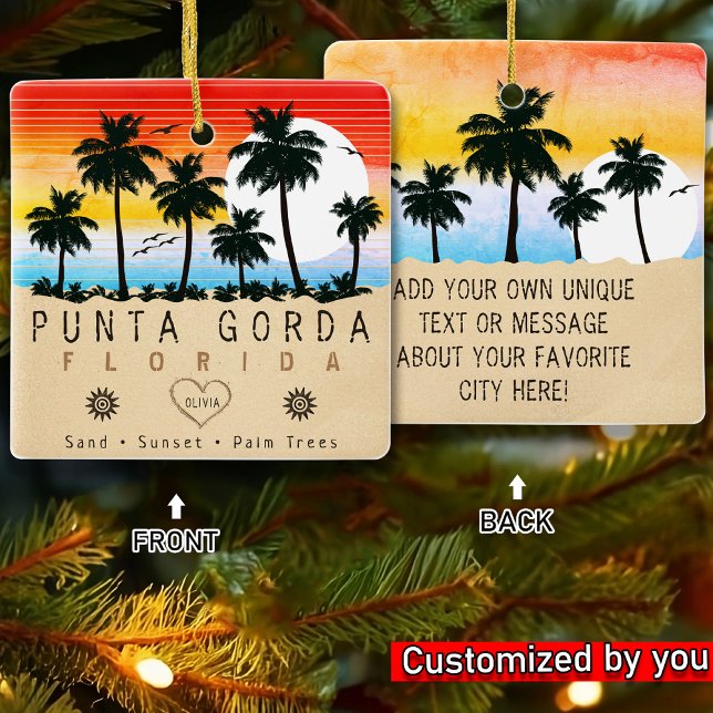 Punta Gorda Florida Retro Sunset Palm tree 1960s Ceramic Ornament (Creator Uploaded)