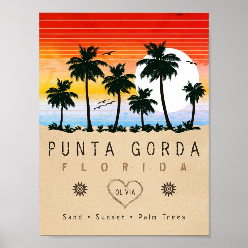 Punta Gorda Florida Retro Sunset Palm tree 1960s Poster
