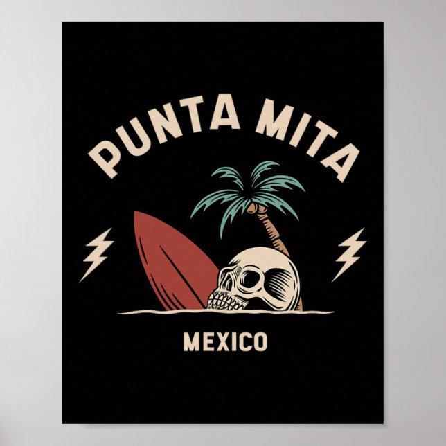 Punta Mita Mexico Vintage Surfing Skeleton Skull  Poster (Front)