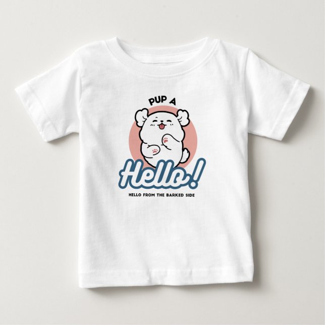 Pup a Hello! – Happy White Dog Cartoon Design Baby T-Shirt (Front)
