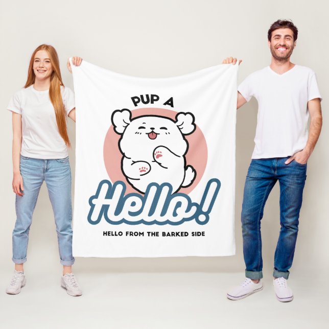 Pup a Hello! – Happy White Dog Cartoon Design Fleece Blanket (In Situ)