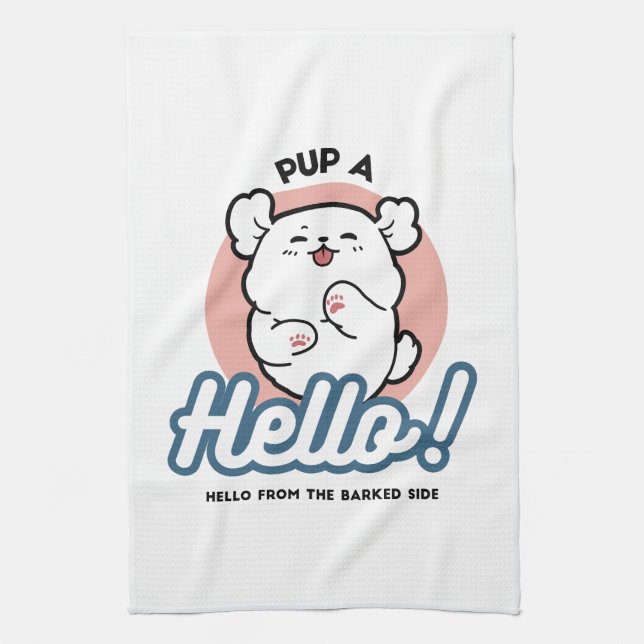 Pup a Hello! – Happy White Dog Cartoon Design Kitchen Towel (Vertical)