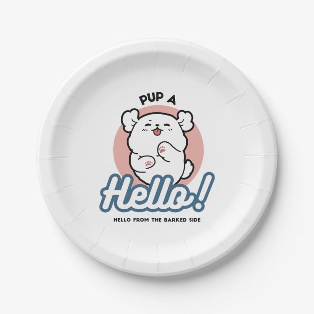 Pup a Hello! – Happy White Dog Cartoon Design Paper Plates (Front)