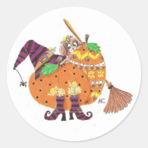 Pup behind pumpkins Halloween white stickers