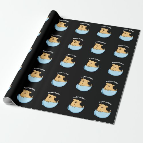 Pup_puccino Funny Cappuccino Pun Dark BG Wrapping Paper