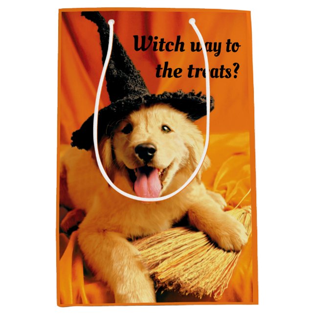 Pup With Witch Hat and Broom Medium Gift Bag (Front)