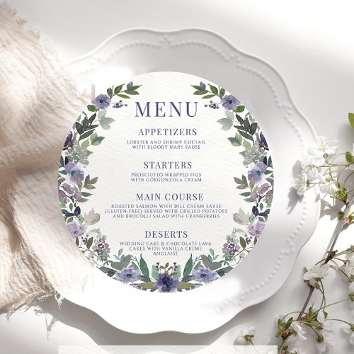 Puple flower rustic round Menu Card For Plate