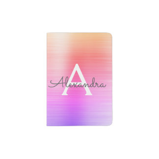 Puple Pink Brushed Metal Monogram Name Passport Holder