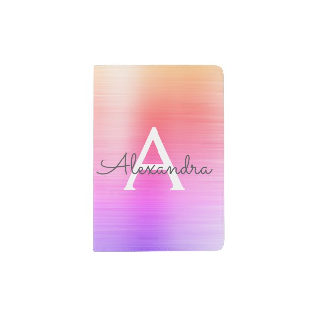 Puple Pink Brushed Metal Monogram Name Passport Holder (Front)