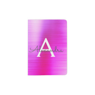 Puple Pink Brushed Metal Monogram Name Passport Holder