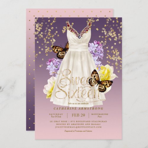 Puple Pink Gold Glitter Dress Roses Sweet Sixteen Invitation