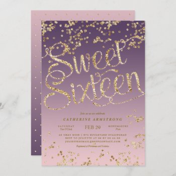 Puple Pink Gold Glitter Sweet Sixteen Invitation by Jujulili at Zazzle