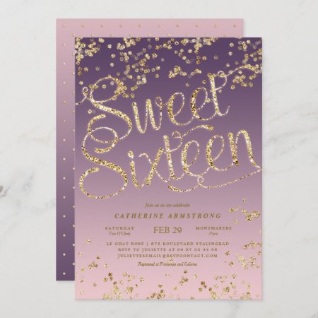 Puple Pink Gold Glitter Sweet Sixteen Invitation
