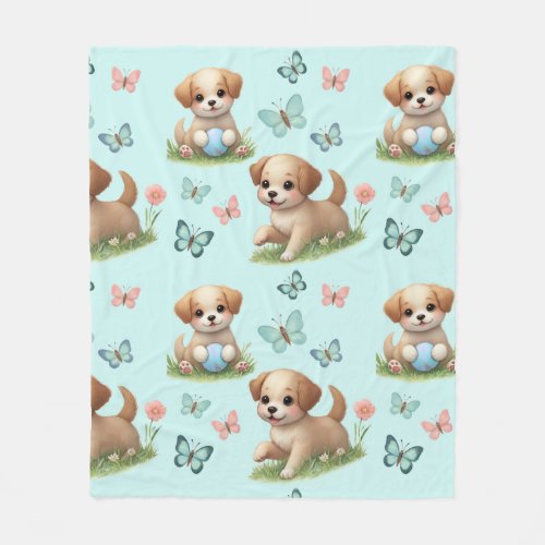 Puppies and Butterflies on Blue