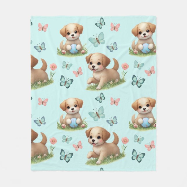 Puppies and Butterflies on Blue Fleece Blanket (Front)