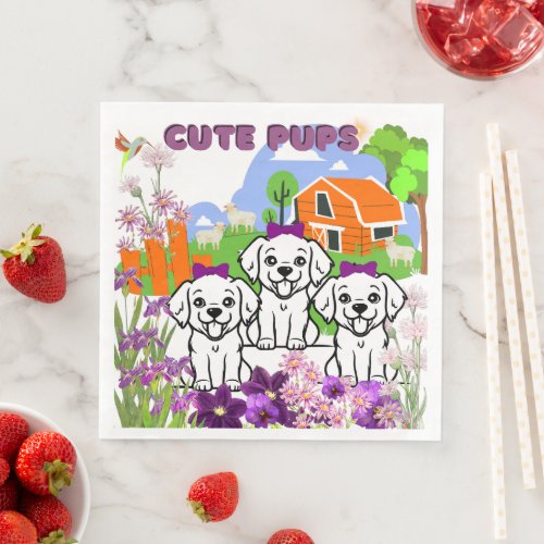 Puppies And Flowers Paper Napkin