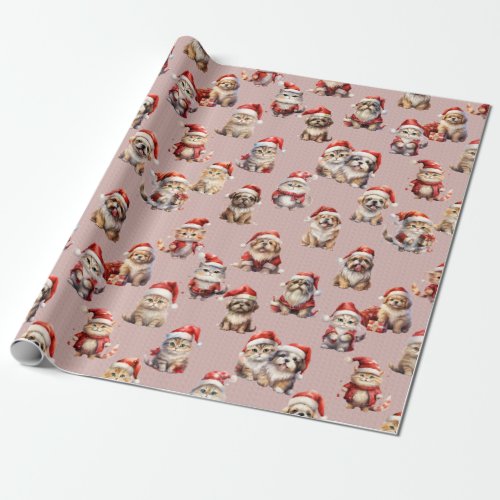 Puppies and Kitties in Their Santa Hats Wrapping Paper