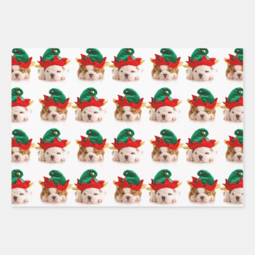 PUPPIES AS CHRISTMAS WRAPPING FLAT SHEET SET OF 3