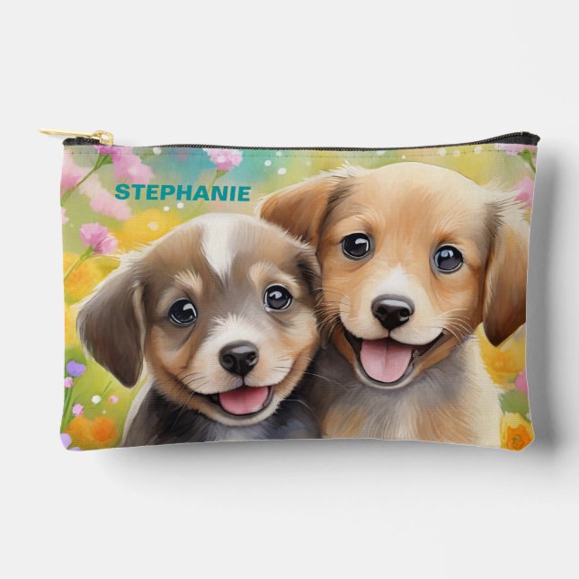 Puppies Cute Personalized Kids Name Accessory Pouch (Front)