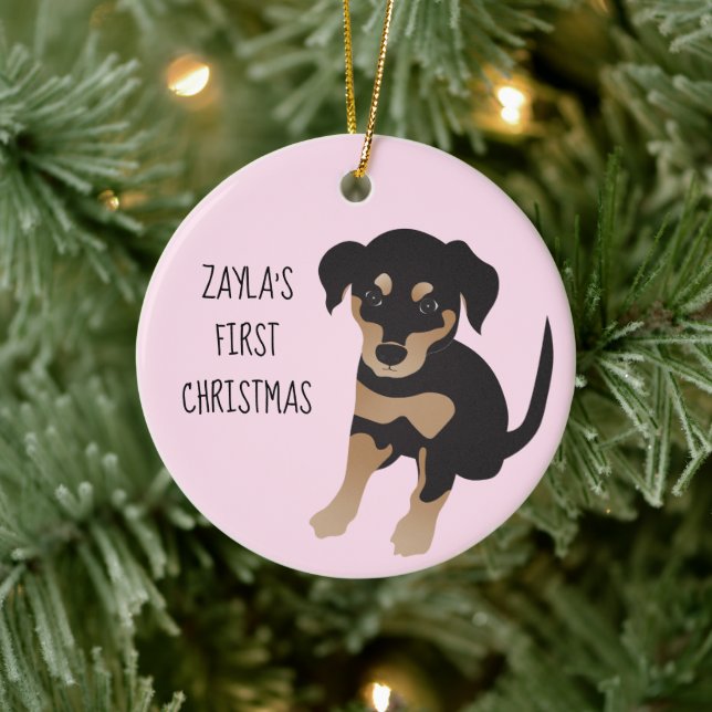 Puppies First Christmas Cute Dog Black And Brown Ceramic Ornament (Tree)