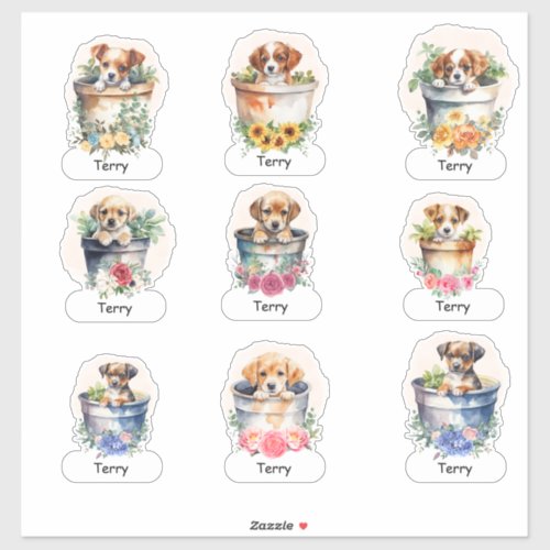 Puppies in a flower pot and Your Name Sticker