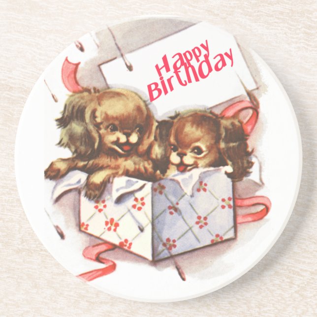 puppies in box sandstone coaster (Front)
